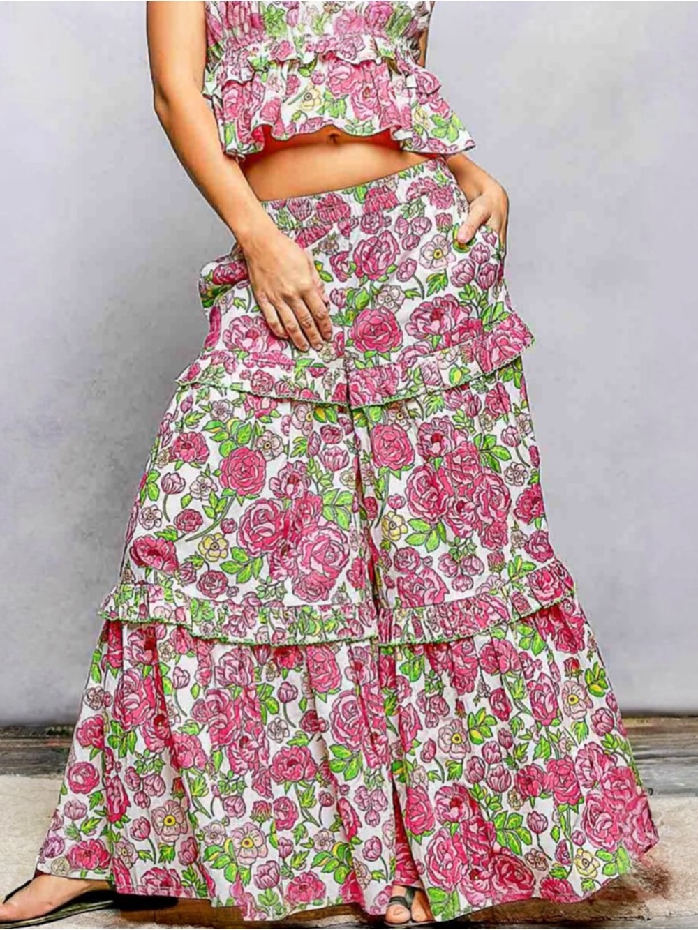 NWT POL Bohemian Pink Floral Wide Leg Ruffle Pants S M L
